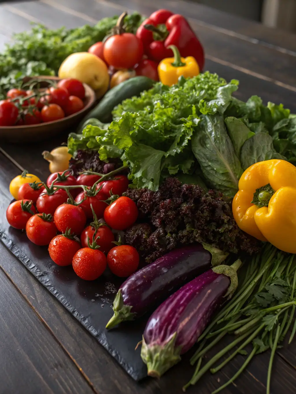 A close-up of a variety of colorful, organically grown vegetables, highlighting their vibrant colors and natural appearance.