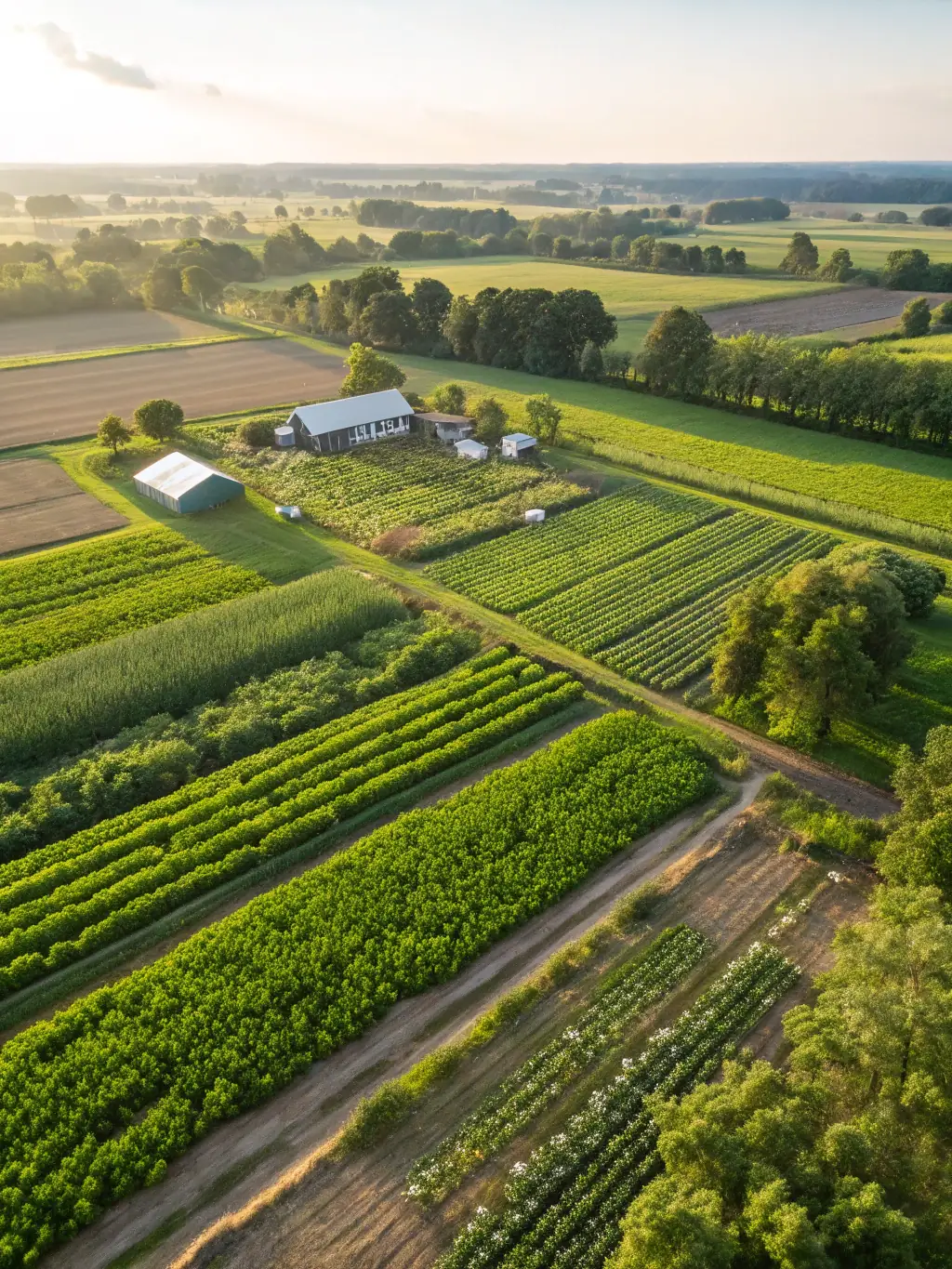 A lush, green organic farm with diverse crops growing in neat rows, showcasing the biodiversity and health of the ecosystem.