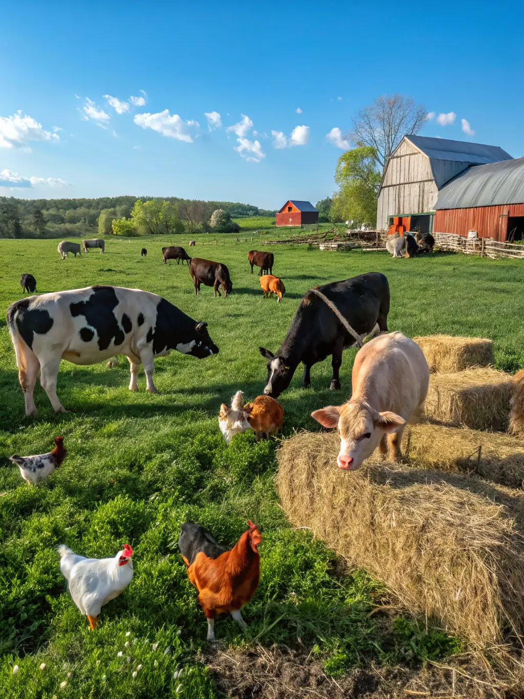 A thriving organic farm with diverse plant and animal life, illustrating the ecological balance and biodiversity of the system.